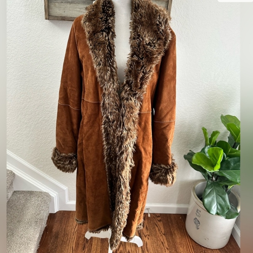 Wilson’s Pelle brown suede long leather coat faux fur detail ladies XL